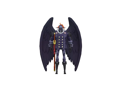 Mysterious Game Movie Character With Black Wings Military Uniform Golden Buttons And Cane 3d model