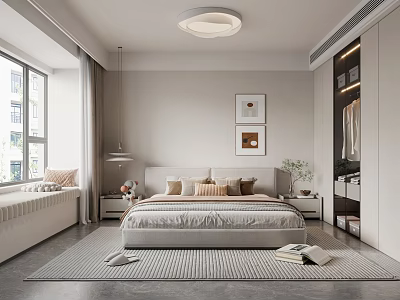 Modern Minimalist Bedroom Interior With Large Bed Pillows Wall Art Nightstands And Area Rug 3d model