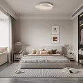 Modern Minimalist Bedroom Interior With Large Bed Pillows Wall Art Nightstands And Area Rug