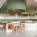 Modern Dining Table Set With Round Tables Brown Chairs Green Gold Pendant Lights Terrazzo Flooring