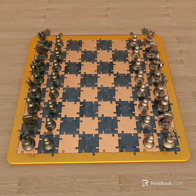 Classic Chess Set with Golden Border Checkered Board and Shiny Metal Pieces 3d model 