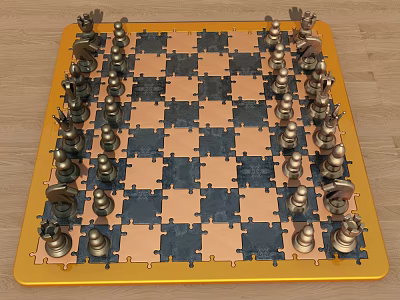 Classic Chess Set with Golden Border Checkered Board and Shiny Metal Pieces 3d model