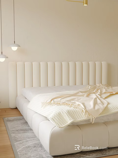 Double Bed With Vertical Tufted Upholstered Headboard Neutral Bedding Warm Beige Wall And Pendant Lights 3d model 