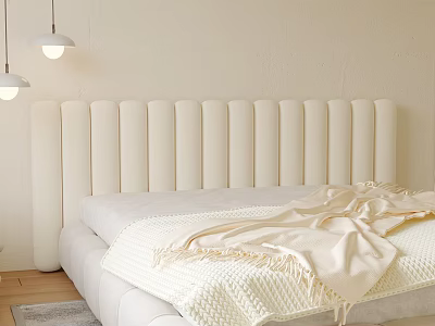Double Bed With Vertical Tufted Upholstered Headboard Neutral Bedding Warm Beige Wall And Pendant Lights 3d model