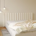 Double Bed With Vertical Tufted Upholstered Headboard Neutral Bedding Warm Beige Wall And Pendant Lights