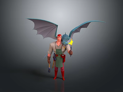 Dragon Winged Character With Red Hair White Shirt Green Apron Glowing Staff And Hammer 3d model