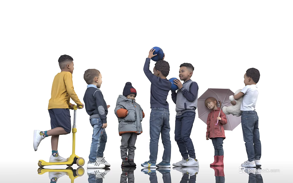 Group of Children Playing With Balls Scooter and Umbrella Together 3d model 