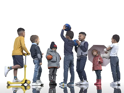 Group of Children Playing With Balls Scooter and Umbrella Together 3d model