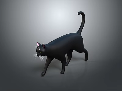 3D Model Black Cat With Pink Ears Green Eyes Walking On Gray Background 3d model