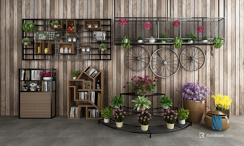 Feature Wooden Wall With Shelves Bookcase Plants Bicycle Wheels And Flowers 3d model 