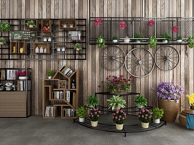 Feature Wooden Wall With Shelves Bookcase Plants Bicycle Wheels And Flowers 3d model