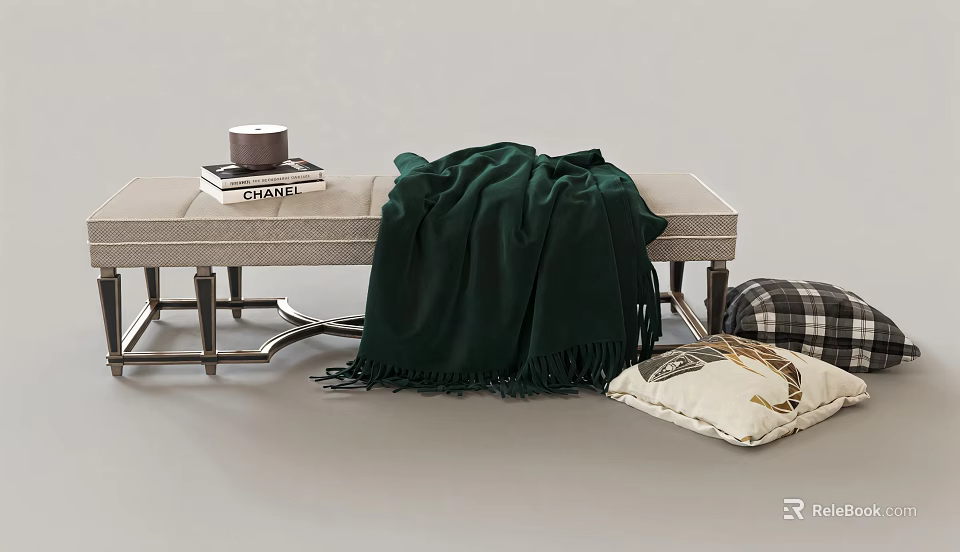 Stylish Sofa Bench With Dark Green Blanket Books Cup And Decorative Pillows 3d model 