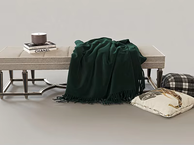 Stylish Sofa Bench With Dark Green Blanket Books Cup And Decorative Pillows 3d model