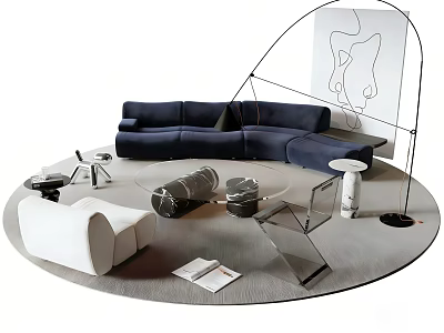 Curved Blue Sofa and Glass Coffee Table Set with White Chair Decorative Pillows and Books 3d model