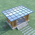 Traditional Wooden Pavilion With Glass Roof And Stone Ox Sculpture On Grassland