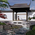 Traditional Chinese Garden Water Fountain With Koi Pond Rock Formations And Red Maple Tree