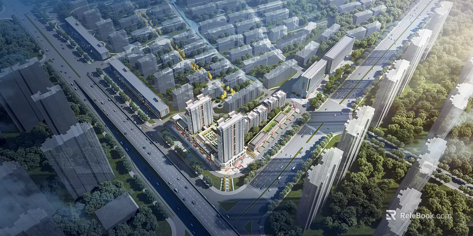 Urban Aerial Planning With High Rise Buildings Road Networks and Green Spaces 3d model 
