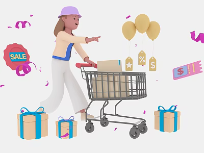 E commerce Female Shopper Pushing Cart With Sale Promotion Gift Boxes Balloons And Confetti 3d model