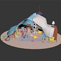 Colorful Cartoon Kids Play Area With Tent Tables Chairs Toys Yellow Mats And Pink Floor