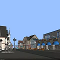 Charming Commercial Street With European Style Buildings Blue Awnings Outdoor Seating And Lamp Posts