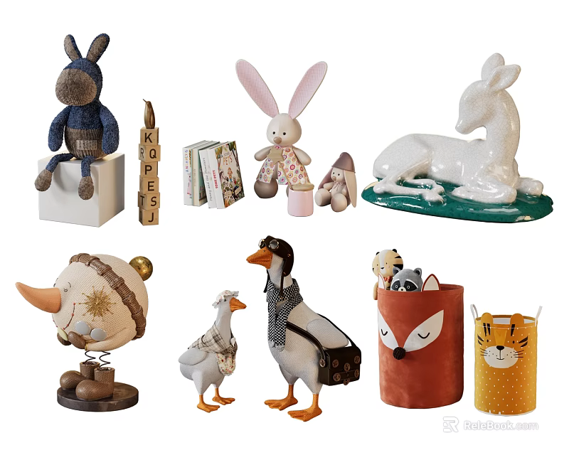 Adorable Animal Stuffed Dolls Featuring Donkey Rabbit Deer Fox And Tiger Decorative Toys 3d model 
