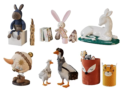 Adorable Animal Stuffed Dolls Featuring Donkey Rabbit Deer Fox And Tiger Decorative Toys 3d model