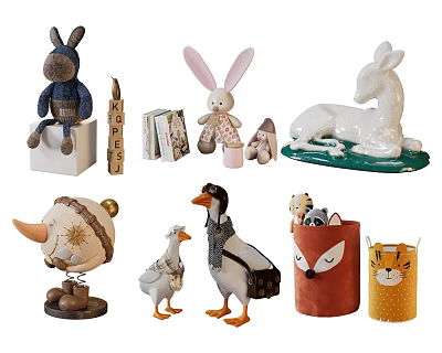 Adorable Animal Stuffed Dolls Featuring Donkey Rabbit Deer Fox And Tiger Decorative Toys 3d model