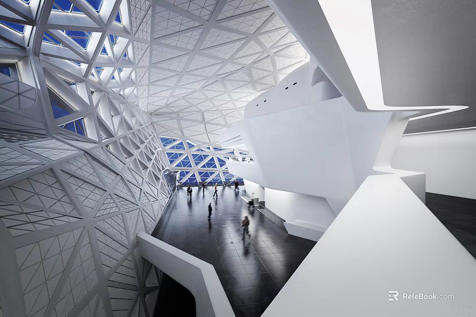 Modern Exhibition Hall With Intricate Geometric Roof And White Architectural Elements Inside 3d model 