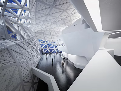 Modern Exhibition Hall With Intricate Geometric Roof And White Architectural Elements Inside 3d model