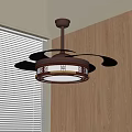 Traditional Ceiling Fan Chandelier With Dark Brown Frame And White Shade For Wooden Room With Blinds