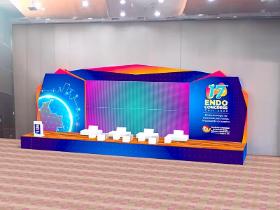Modern Functional Desk Setup At Expo Congress 17 With Gradient Background And Seating 3d model