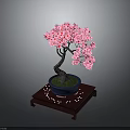 Pink Flowering Bonsai Tree in Blue Pot on Red Tray With Small White Decorations