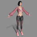 Woman In Pink Long Sleeve Top And Black Tights With Arms Outstretched On Gray Background