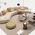 Modern Beige Curved Sofa And Coffee Table Set With Colorful Cushions Accent Chairs And Ottoman