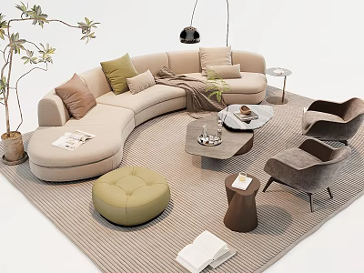 Modern Beige Curved Sofa And Coffee Table Set With Colorful Cushions Accent Chairs And Ottoman 3d model