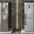 Modern Stainless Steel Refrigerators In Various Designs On Display Shelves With Lighting
