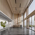 Modern Front Reception Desk Interior Design With Wooden Slat Wall And Green Plant Decor