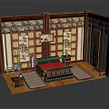 Cartoon Scene of Traditional Chinese Room With Wooden Screens Red Bed and Decorative Elements