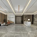Elegant Modern Hotel Lobby Interior With Reception Desk Bookshelves And Hanging Chandeliers