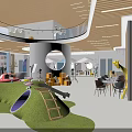 Hotel Lobby Interior With Wooden Ceiling Curved Structure Reception Desk And Colorful Children's Area