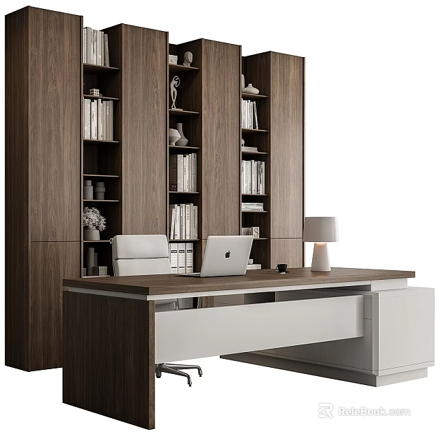 Modern Home Office Wooden Desk And White Office Chair With Laptop Lamp And Bookshelf 3d model 