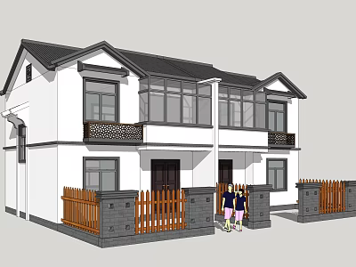 Semi Detached Villa With White Exterior Black Roof Two Story Wooden Fence Family Friendly Entrance 3d model