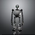 White and Silver Robot with Blue Eyes Mechanical Spiral Arms Standing on Reflective Floor