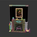 Elegant Stone Fireplace With Framed Painting On Mantel And Decorative Items Golden Candle Holders