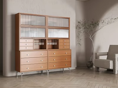 Elegant Wooden Wine Cabinet With Glass Doors And Drawers In Modern Living Room 3d model