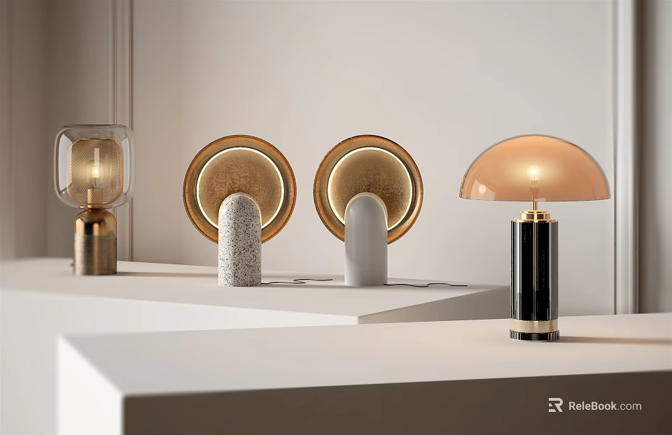 Stylish Modern Table Lamps With Glass Shades And Marble Bases On White Display Shelf 3d model 