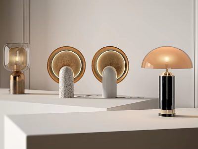 Stylish Modern Table Lamps With Glass Shades And Marble Bases On White Display Shelf 3d model