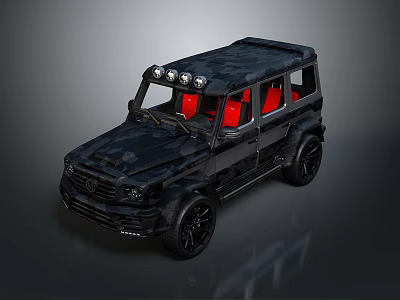 Rugged Off Road Car With Black Camouflage Exterior Red Seats And Roof Spotlights 3d model