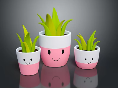 Green Plants in Smiley Face Pink and White Pots of Different Sizes 3d model