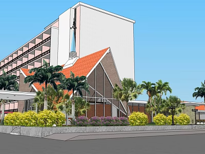 Modern Building Exterior With Orange Triangular Roof Glass Facade And Palm Trees 3d model